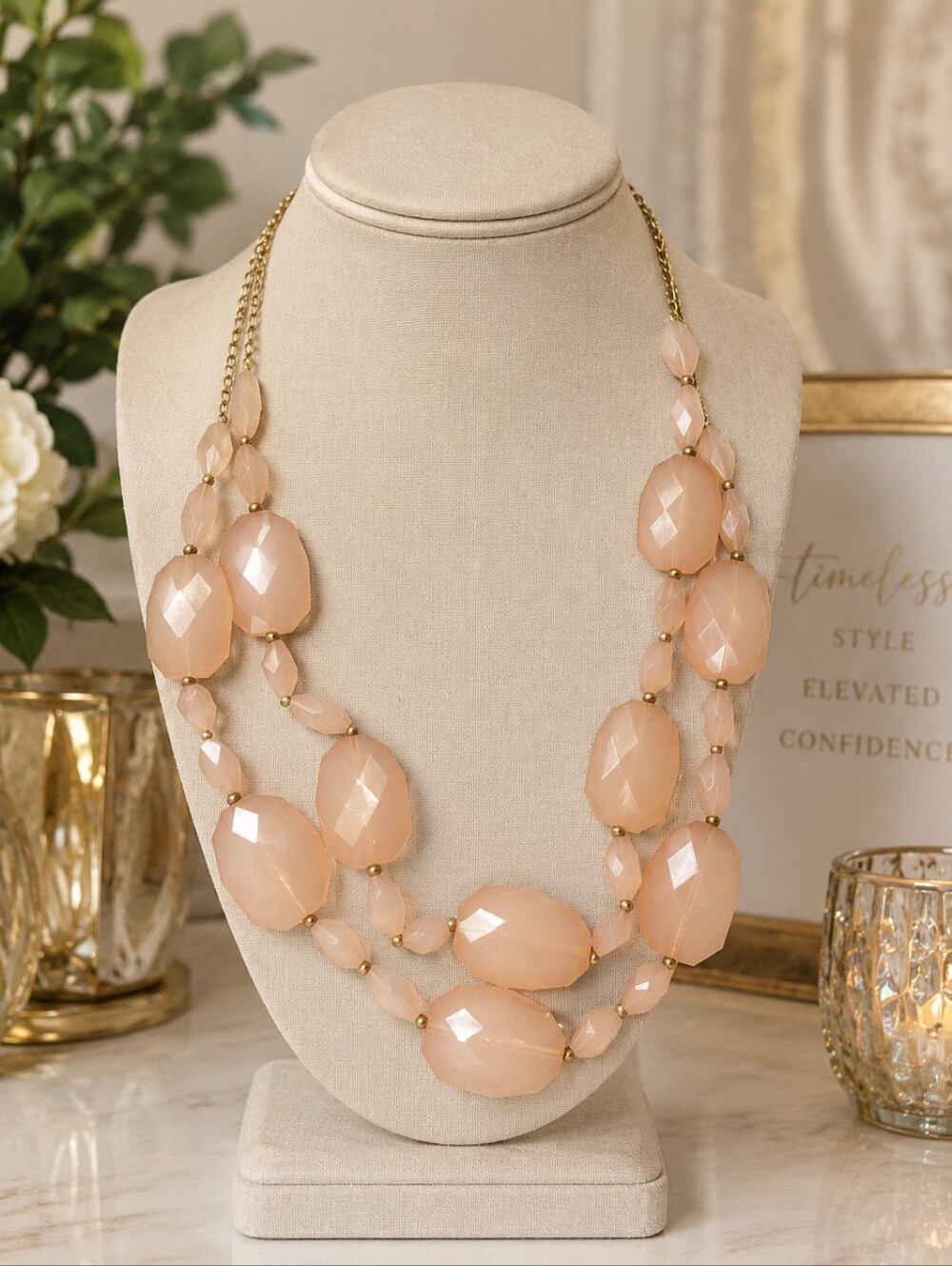 Blush Pink Faceted Bib Statement Necklace Double Strand Chunky Gold Tone